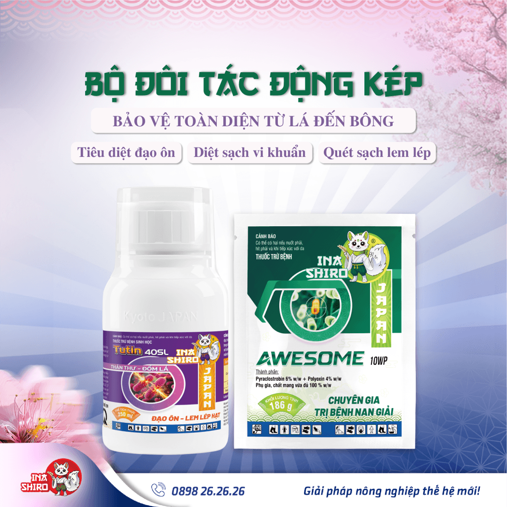 Bộ giải pháp phòng trị đạo ôn, lem lép hạt từ Inahsiro: Thuốc trừ bệnh Tutin 40SL và thuốc trừ bệnh Awesome 100WP