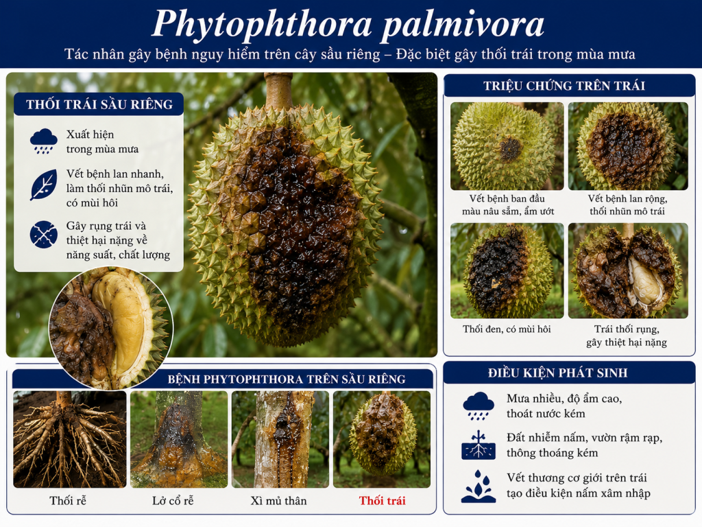 Nấm Phytophthora - Tác nhân gây bệnh các bệnh nguy hiểm trên cây sầu riêng, đặc biệt là thối trái trong mùa mưa