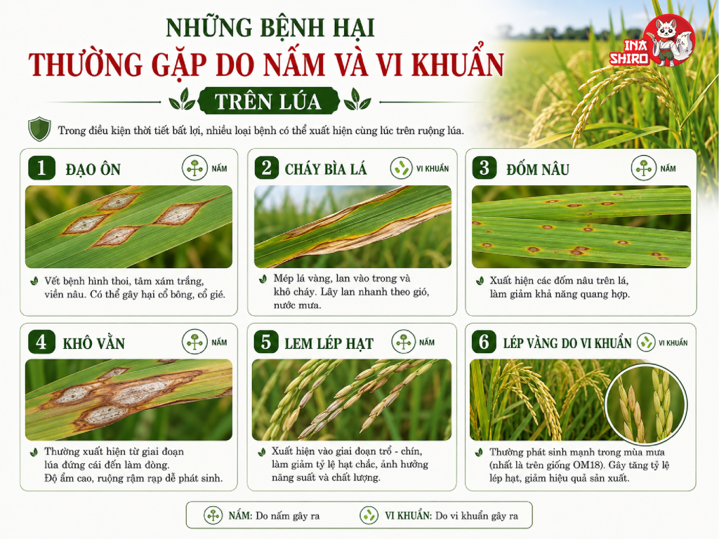 Những bệnh thường gặp do nấm và vi khuẩn hại lúa gây ra