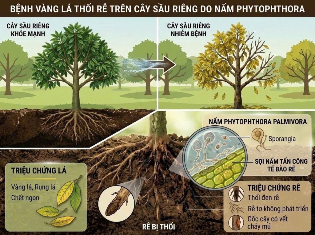 Nguyên nhân chính gây bệnh vàng lá thối rễ trên cây sầu riêng là nấm Phytopthora