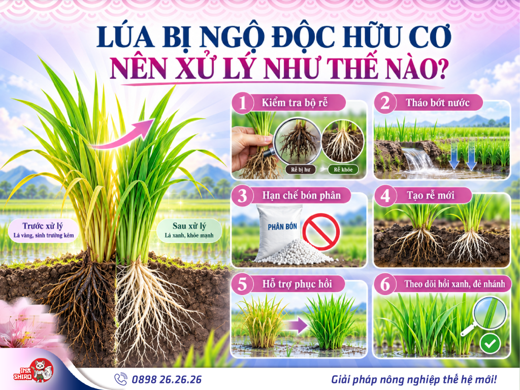 Lúa bị ngộ độc hữu cơ nên xử lý như thế nào? Cùng tìm hiểu các bước xử lý ngộ độc hữu cơ trên lúa giúp lúa phục hồi nhanh
